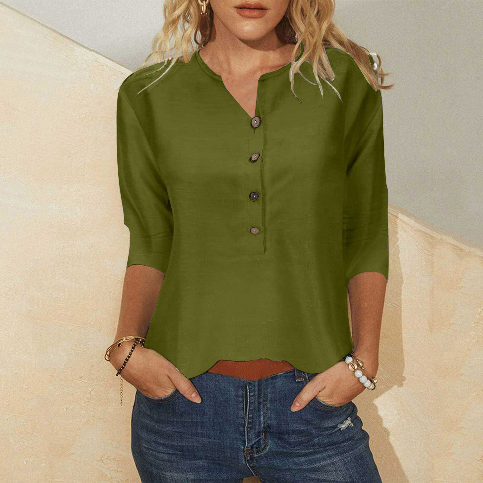 Wiyuqeen Womens 3/4 Sleeve Blouses Casual Loose Fit Solid Color Button Down V Neck Tops Stretchy Ladies Three Quarter Length Sleeve T-Shirts